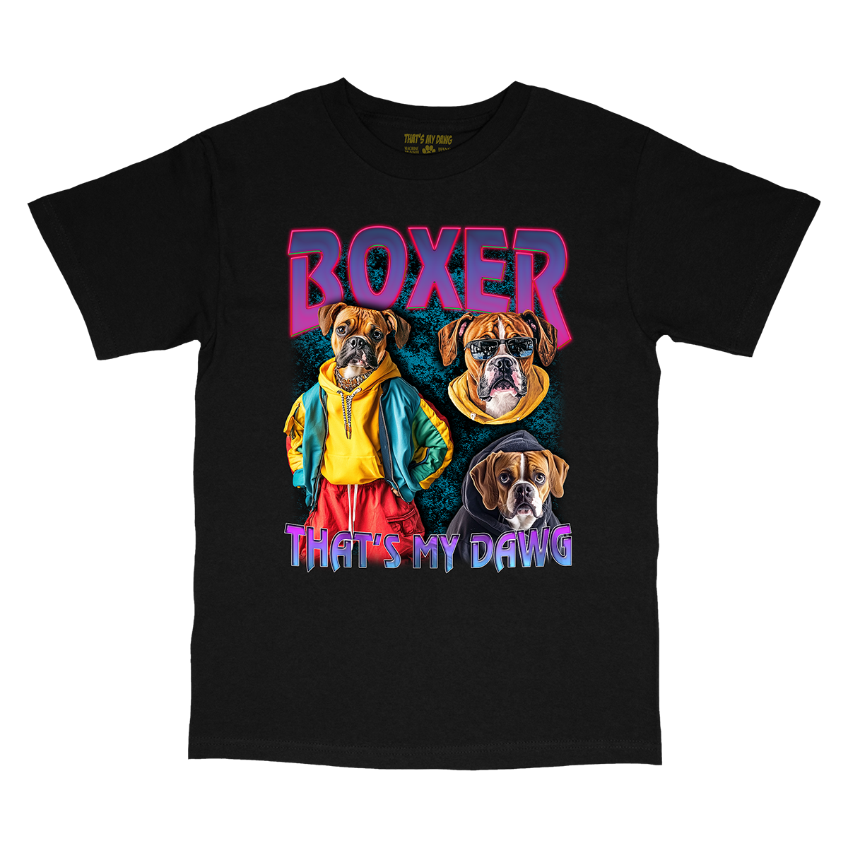 a black t - shirt with two boxers on it