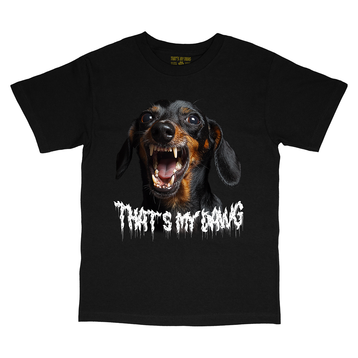 a black t - shirt with a picture of a dog's face