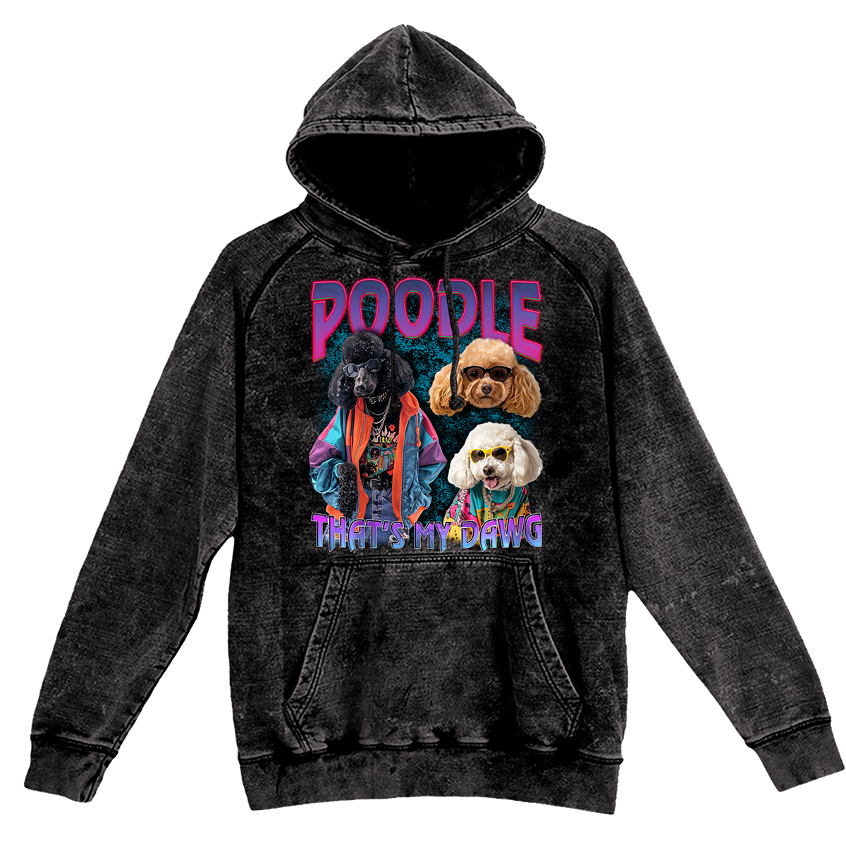 a black hoodie with a picture of dogs on it