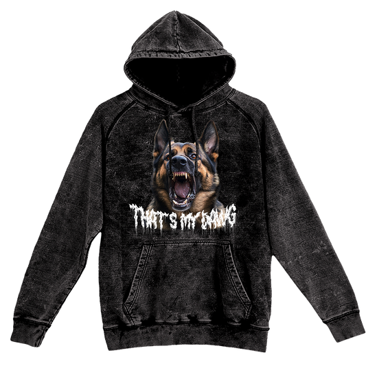 a black hoodie with a picture of a dog on it