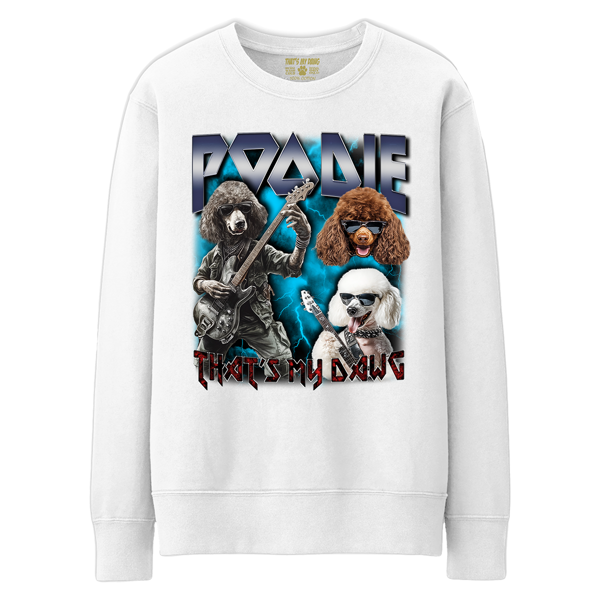a white sweatshirt with a picture of a dog and a man with a guitar