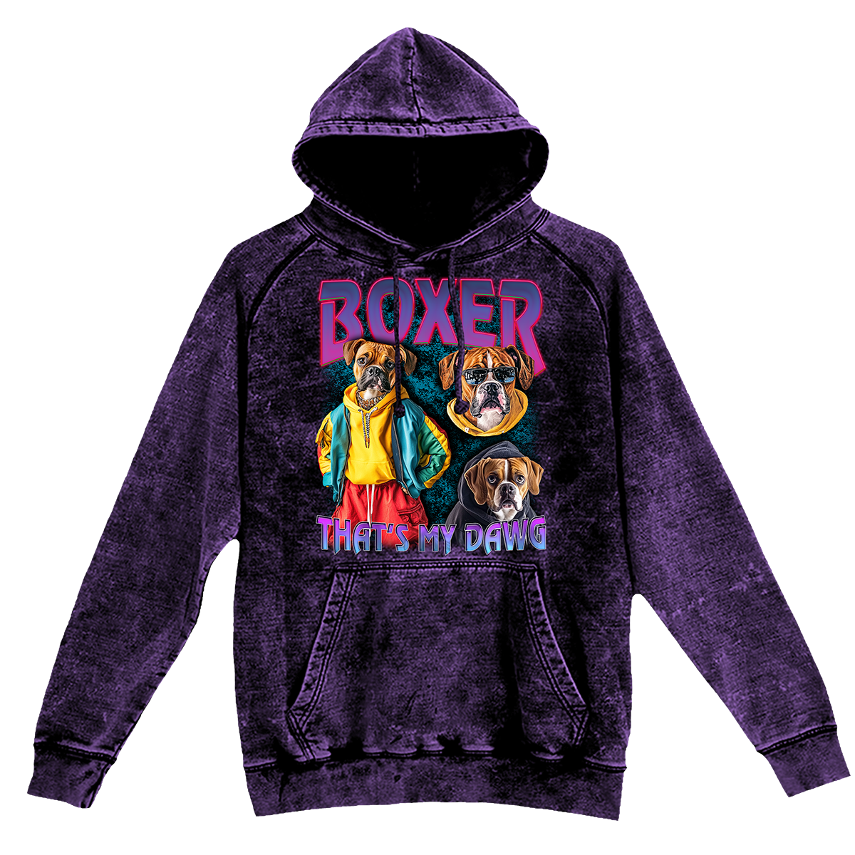 a purple hoodie with a picture of boxer dogs on it