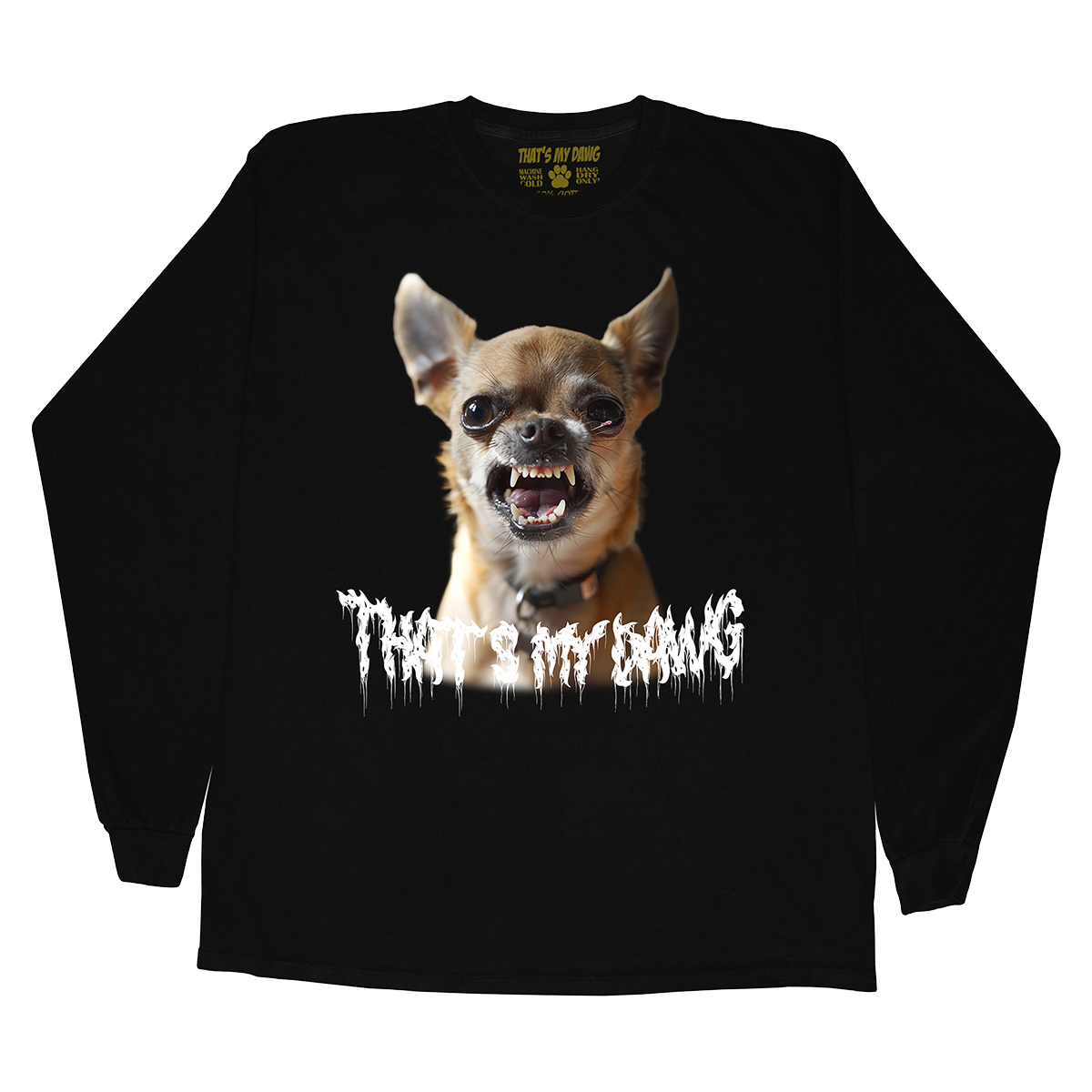 a black shirt with a picture of a dog with teeth