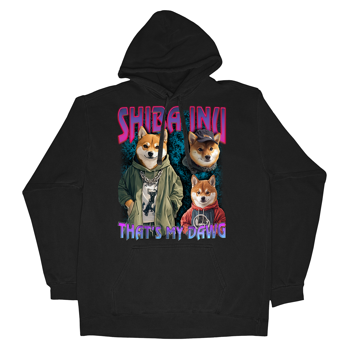 a black hoodie with two dogs wearing hoodies