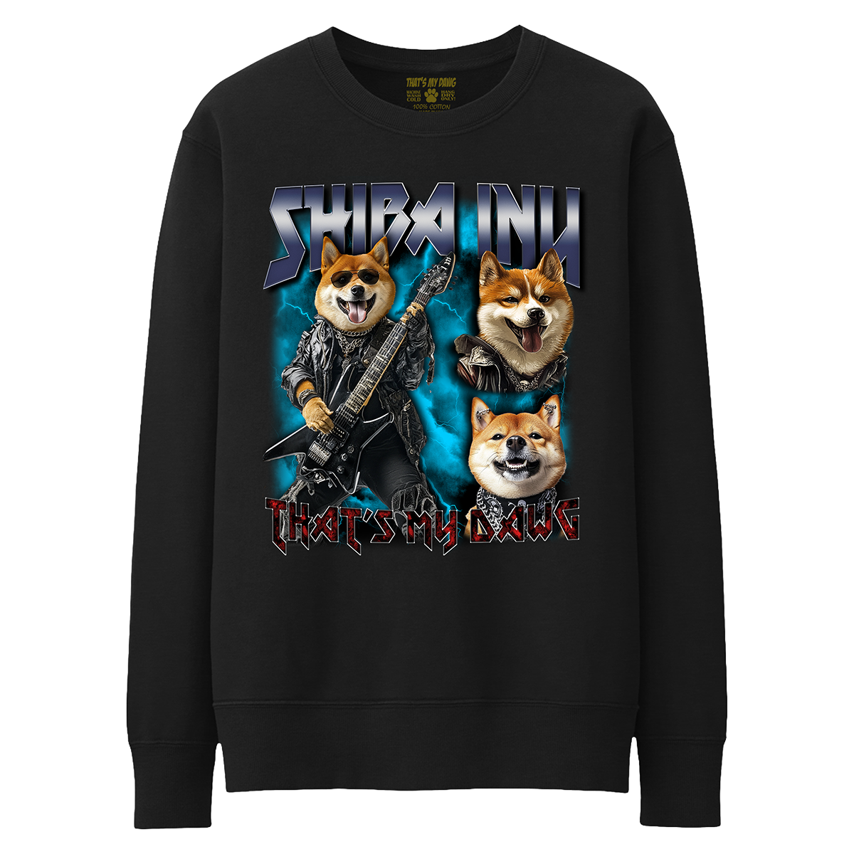 a black sweatshirt with two dogs and a guitar