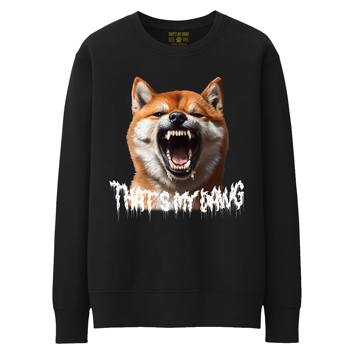 a black sweatshirt with an image of a dog with its mouth open