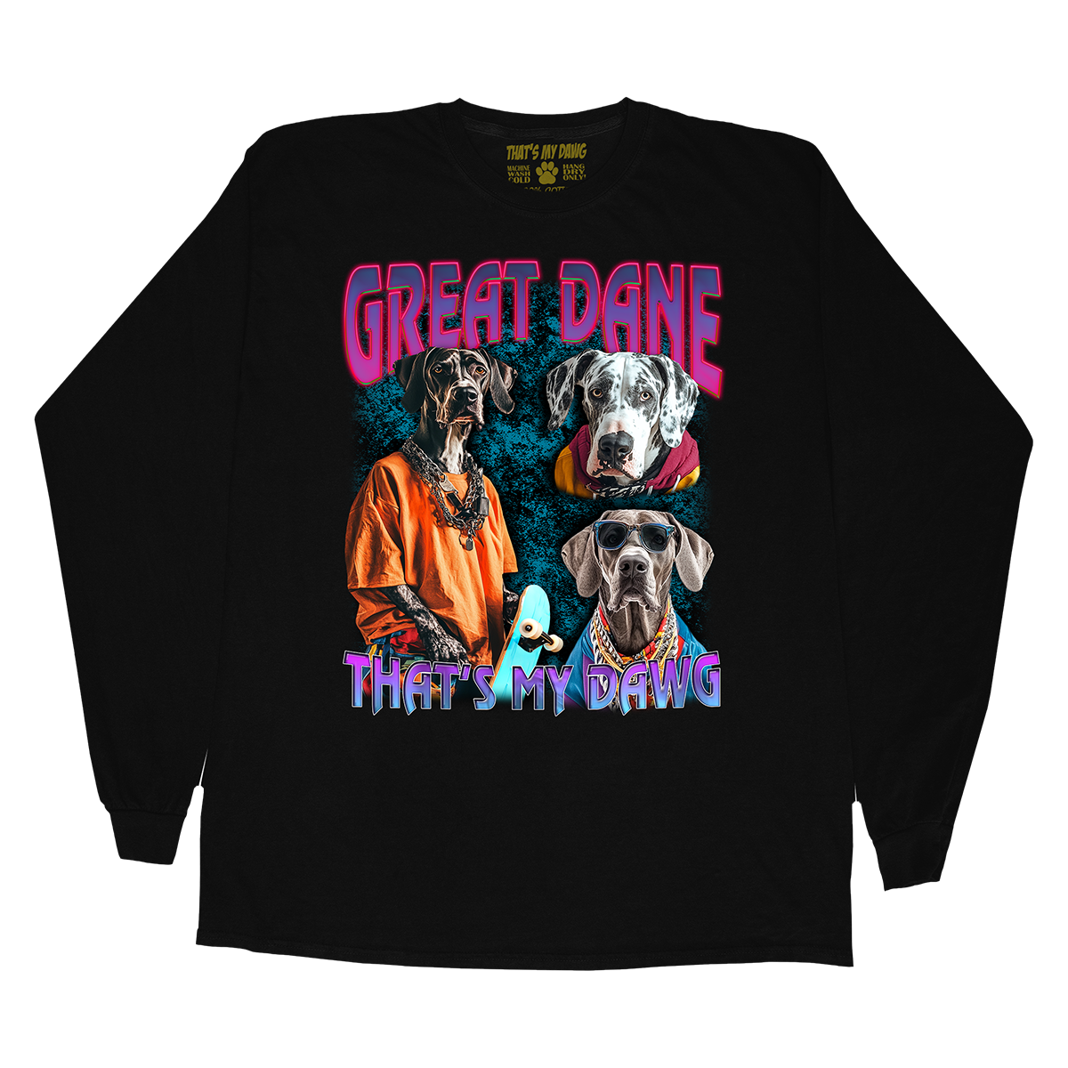 a black long sleeve shirt with three dogs on it