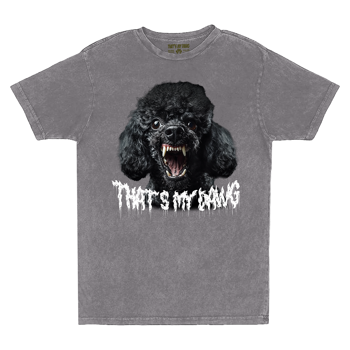 a gray t - shirt with a black poodle on it