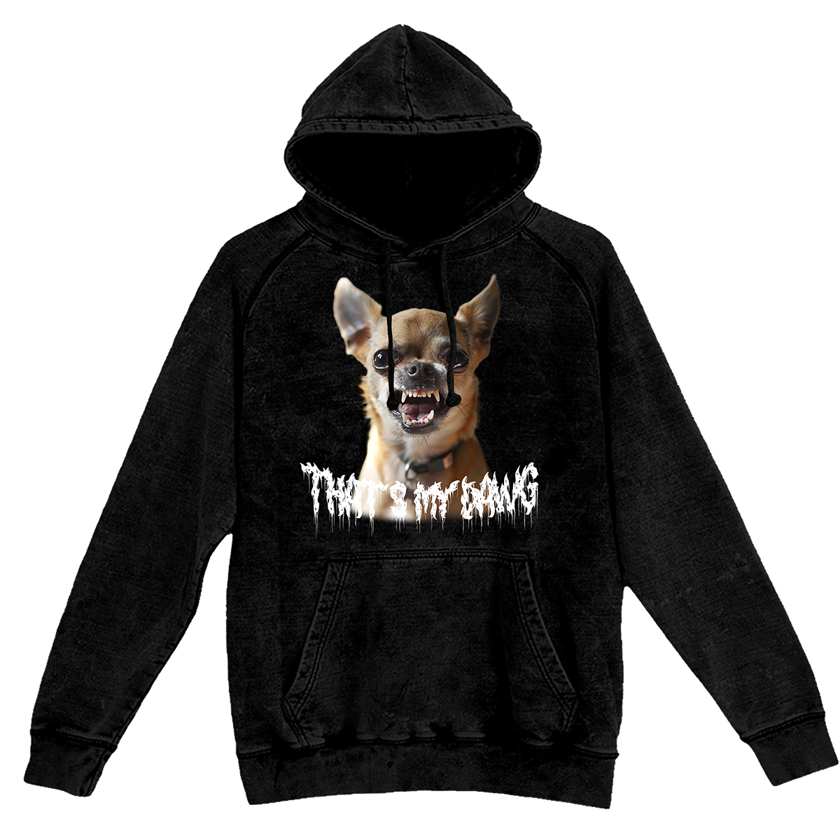 a black hoodie with a picture of a dog on it