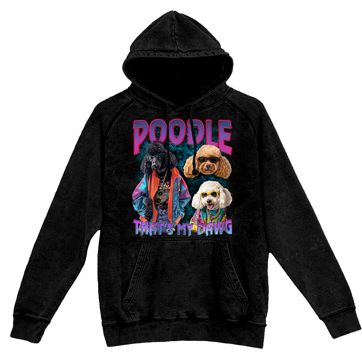 a black hoodie with a picture of dogs on it