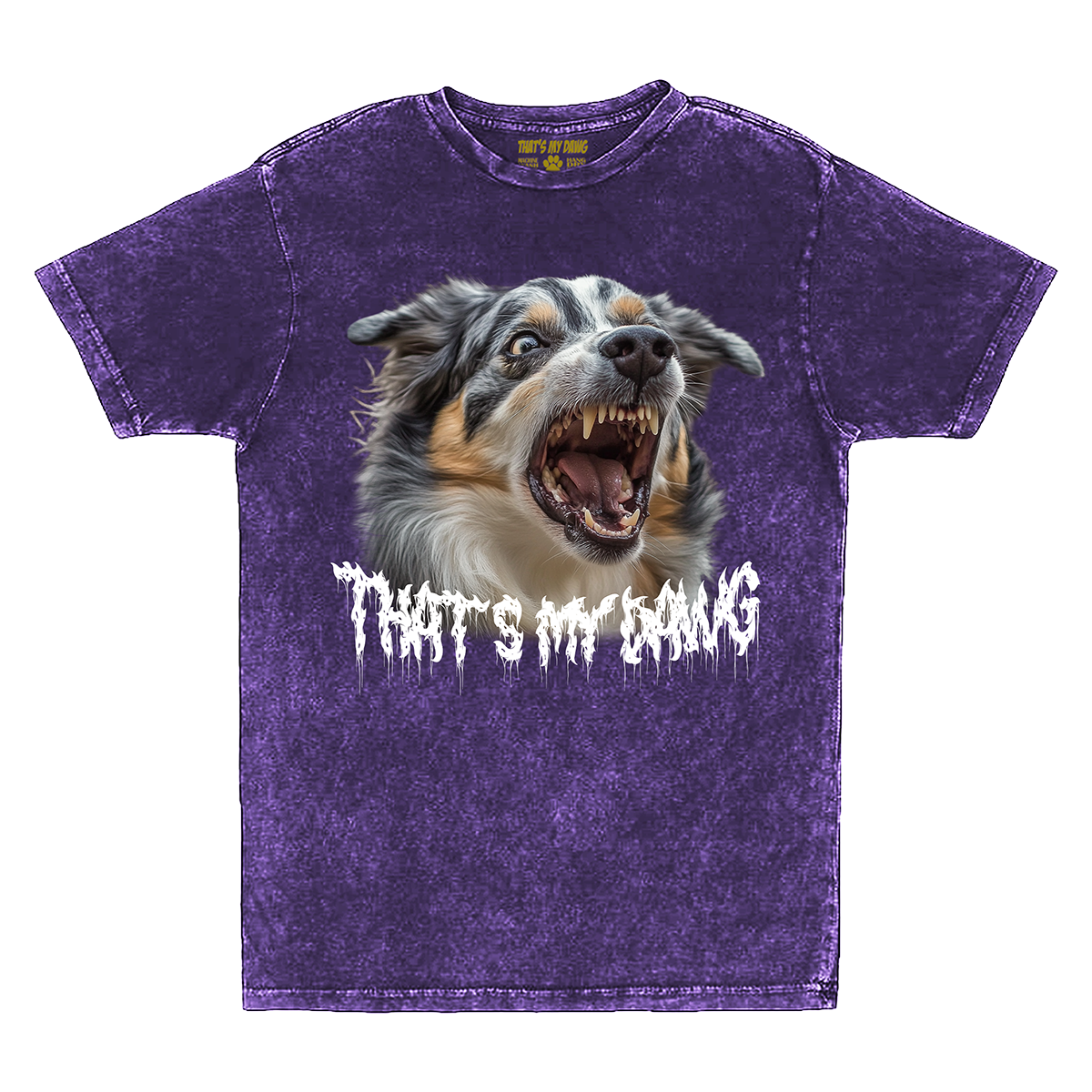 a purple t - shirt with a picture of a dog that says that's