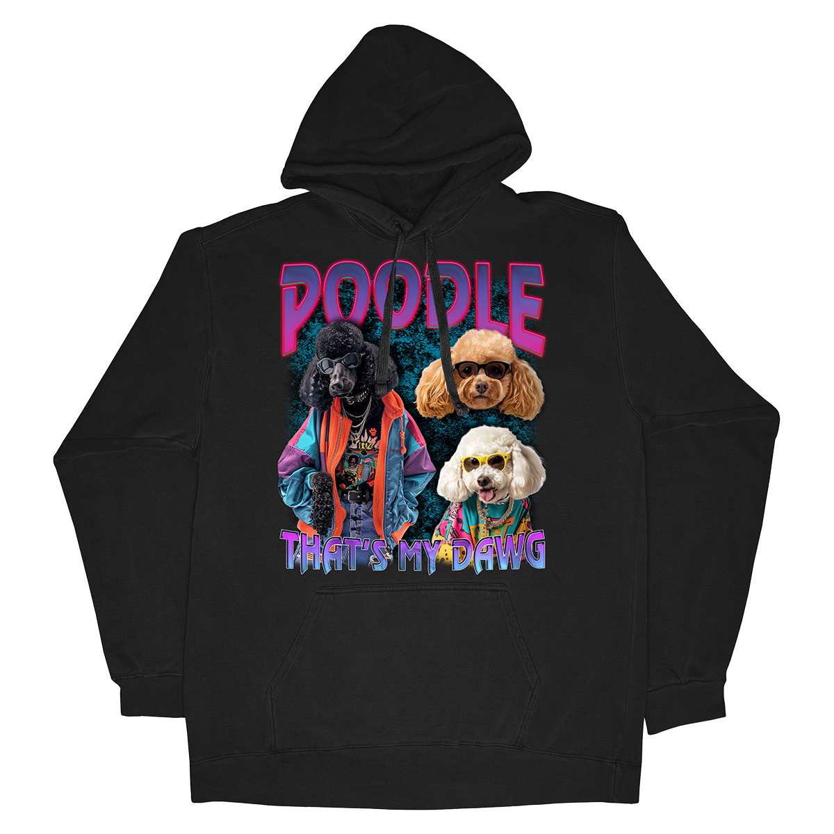 a black hoodie with two poodles on it