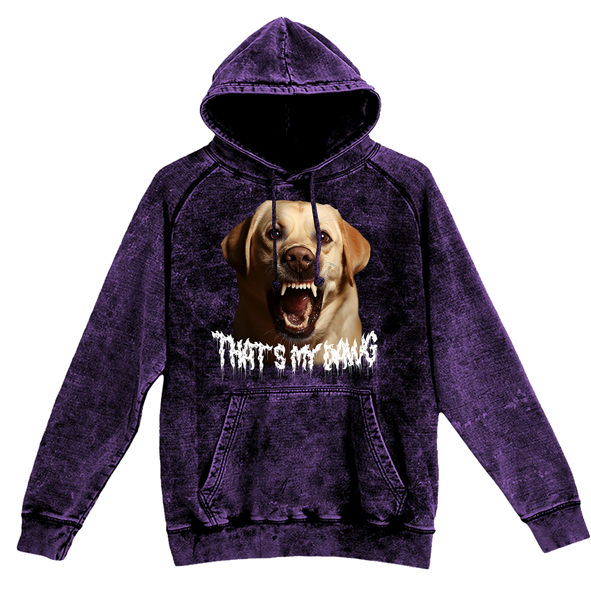a purple hoodie with a picture of a dog on it