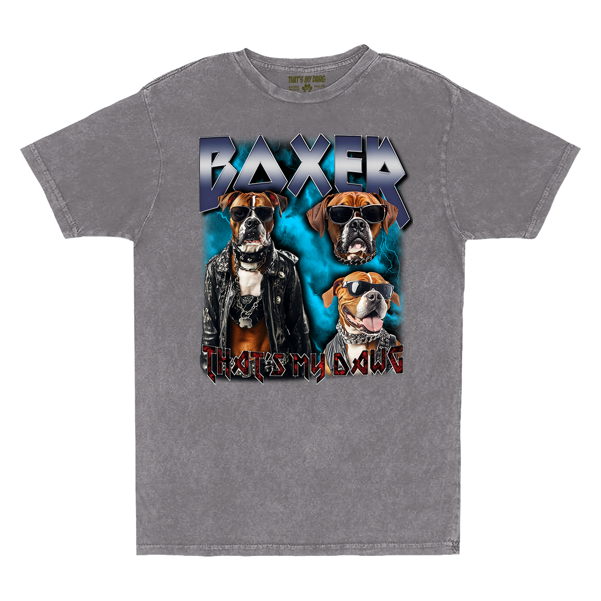 a gray shirt with two dogs wearing sunglasses