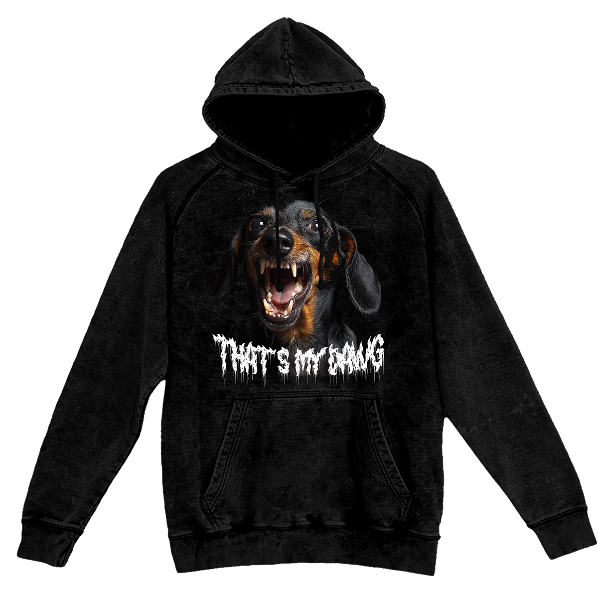 a black hoodie with a picture of a dog on it