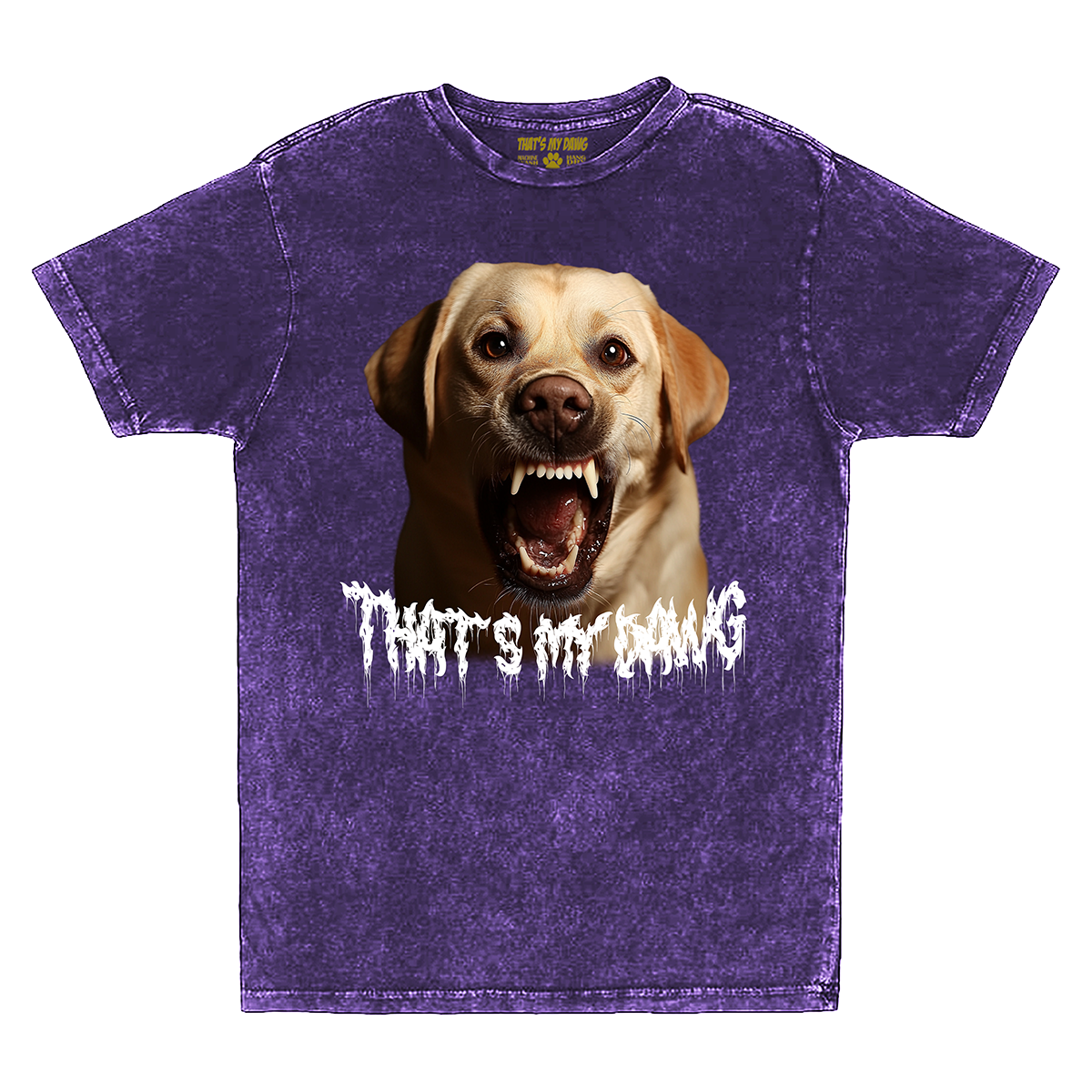 a purple t - shirt with a picture of a dog that says, that '