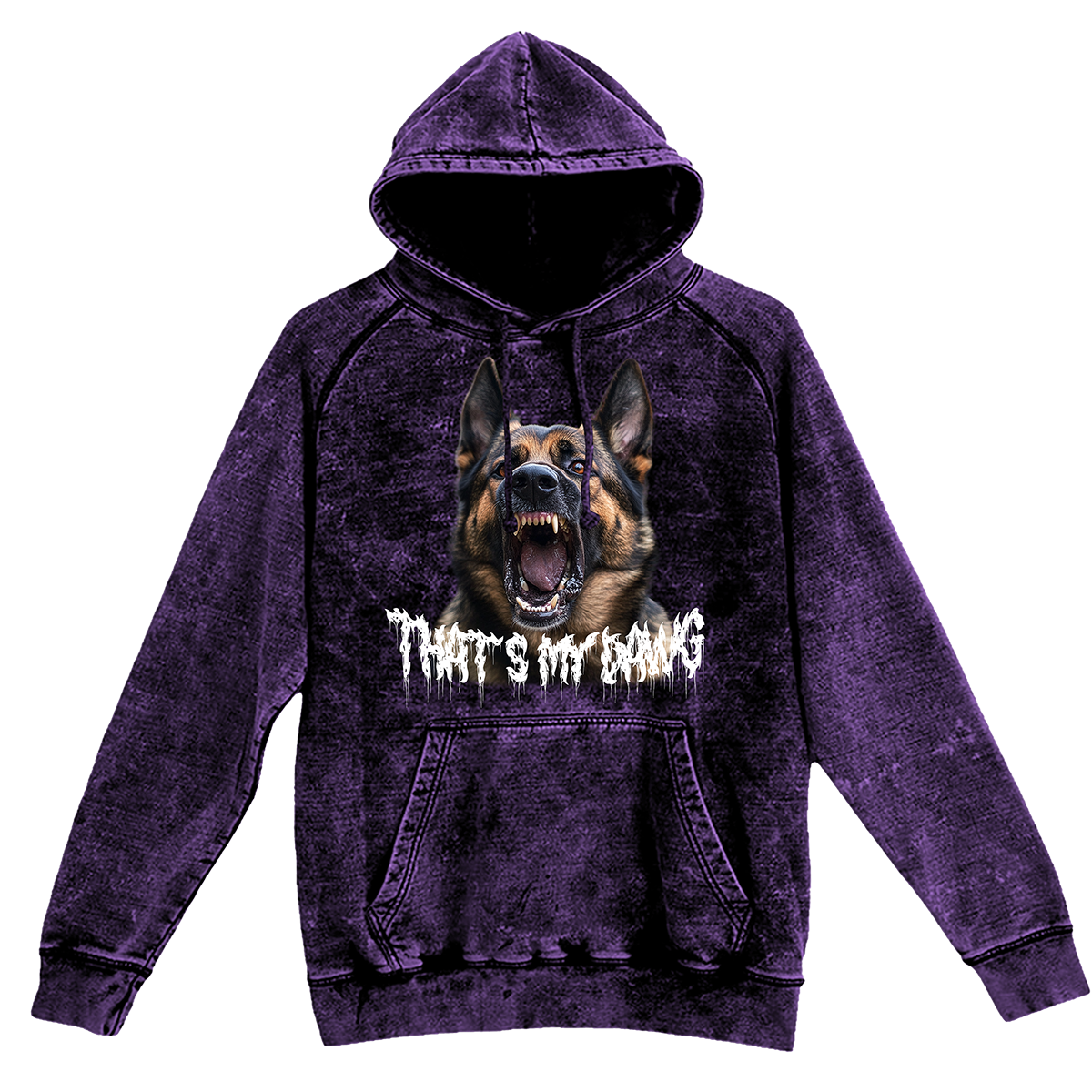 a purple hoodie with a picture of a dog that says that's my