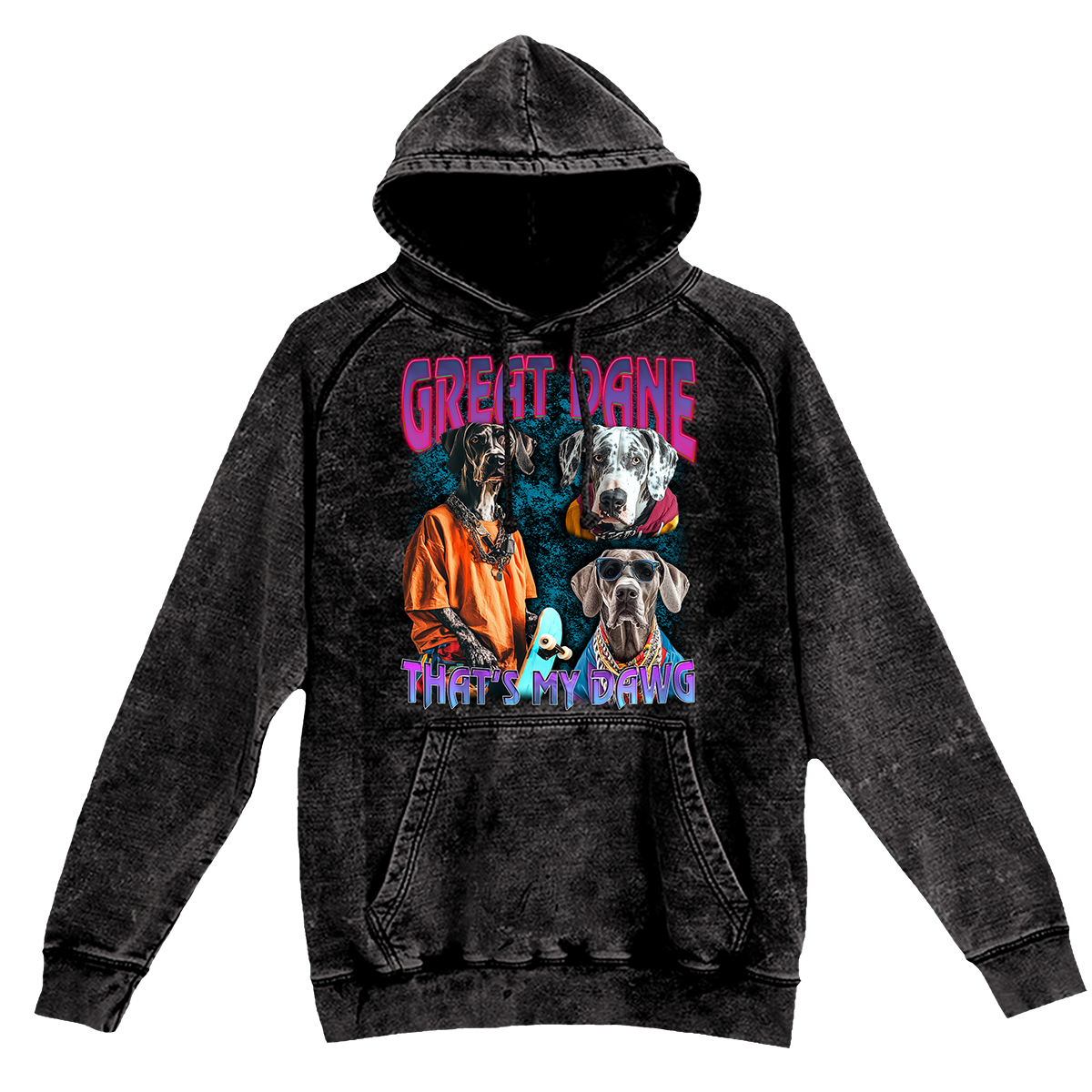 a black hoodie with three dogs on it