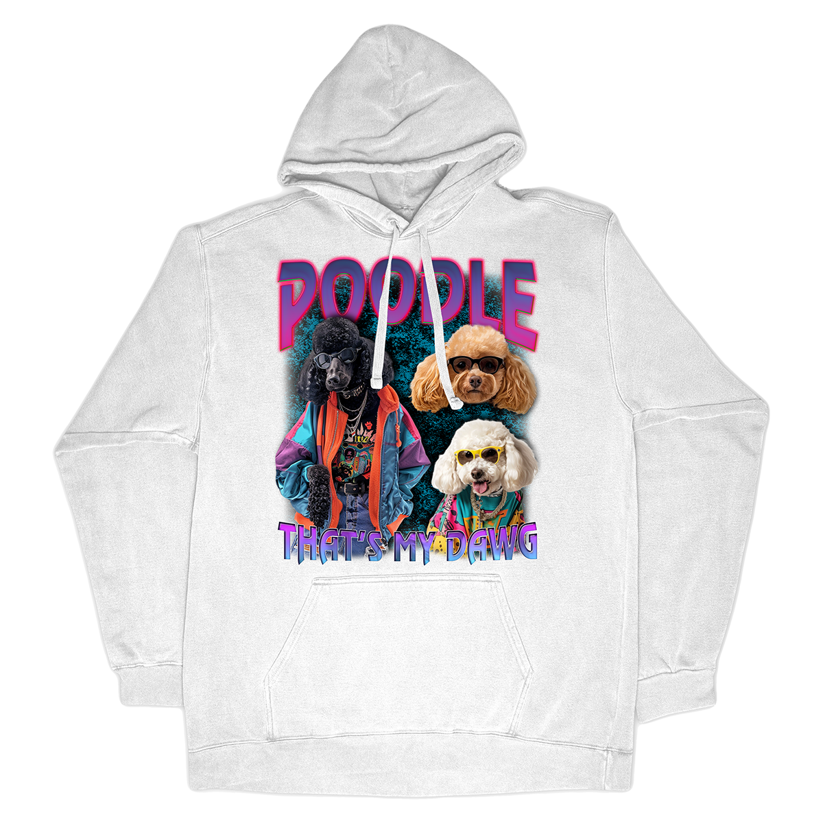 a white hoodie with a picture of dogs on it