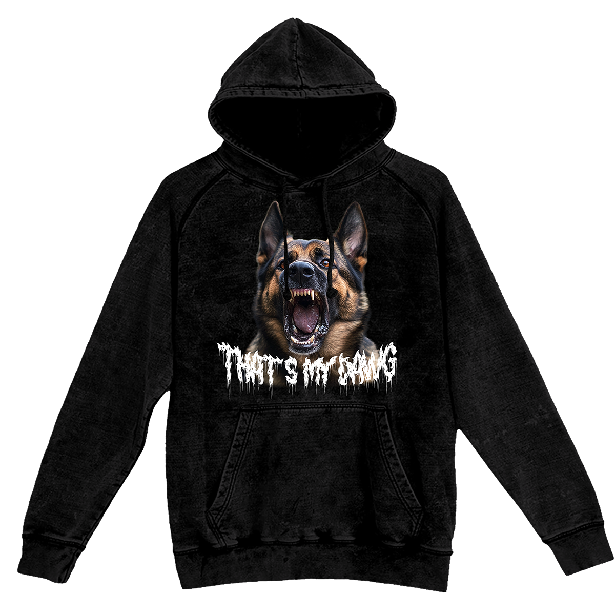 a black hoodie with a picture of a dog with the words that's