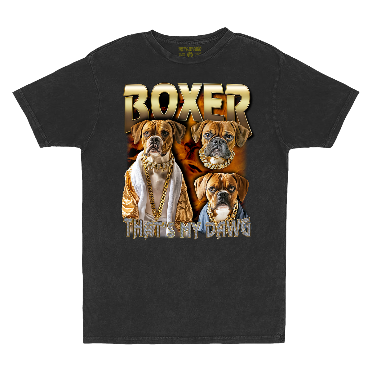 a black t - shirt with two boxer dogs on it