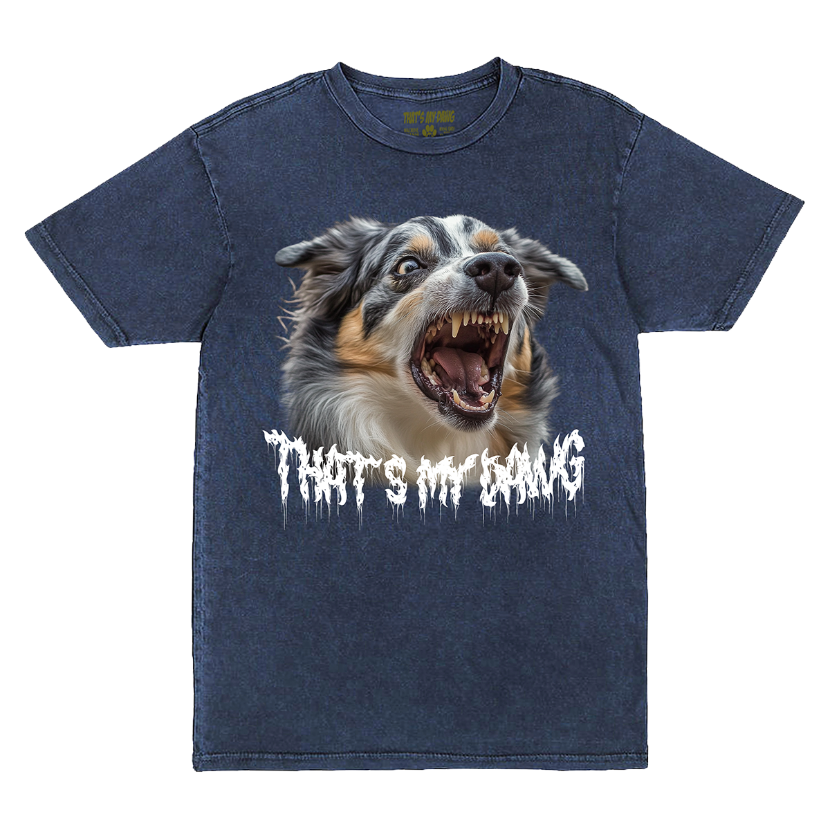 a blue t - shirt with an image of a dog that says, that '