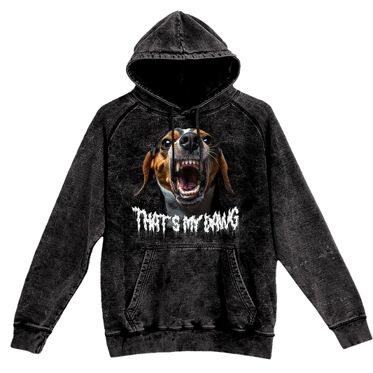 a black hoodie with a picture of a dog on it