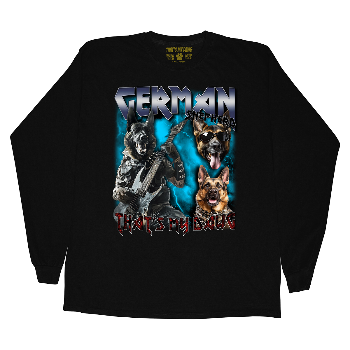 a black shirt with a picture of two dogs and a guitar