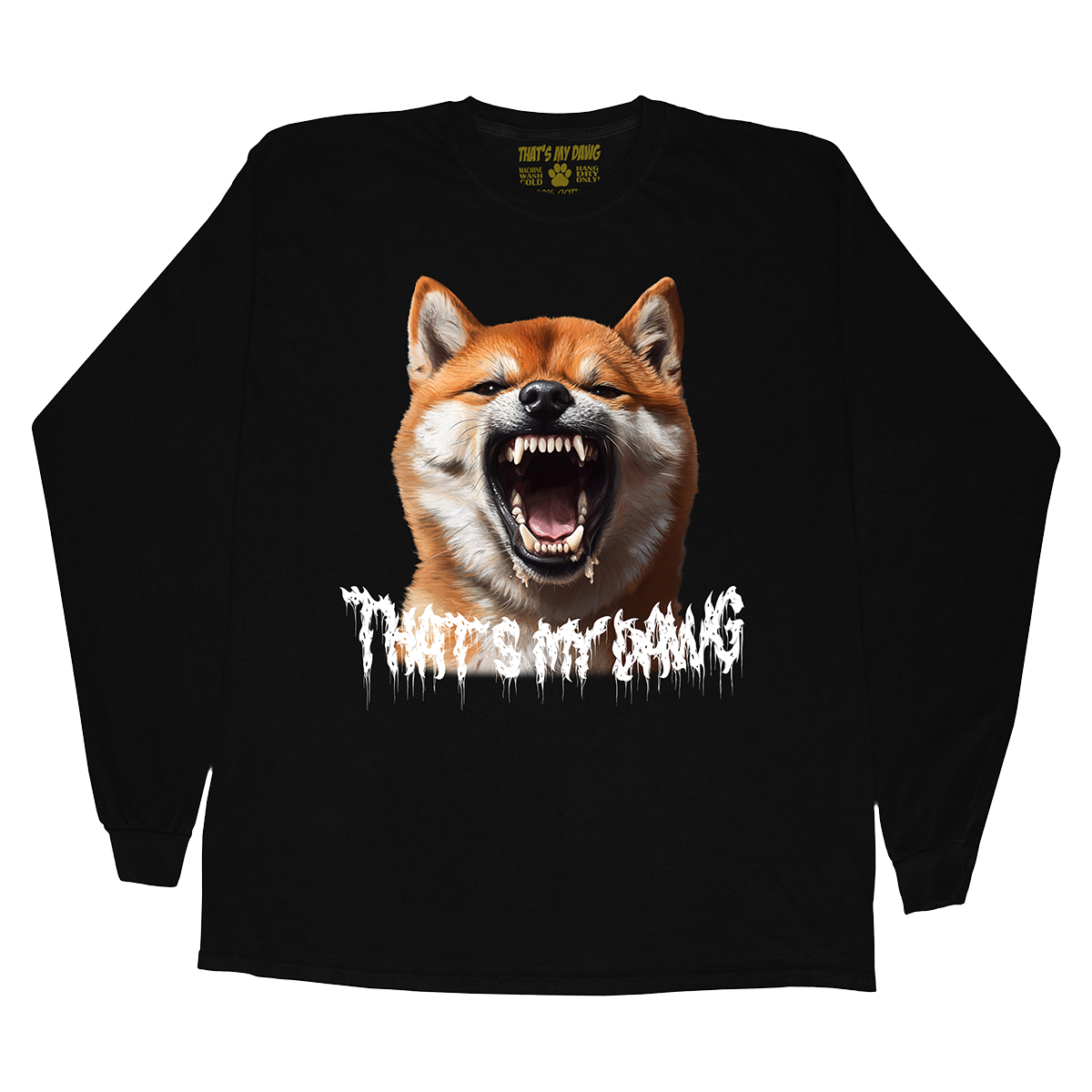 a black shirt with an image of a dog with its mouth open