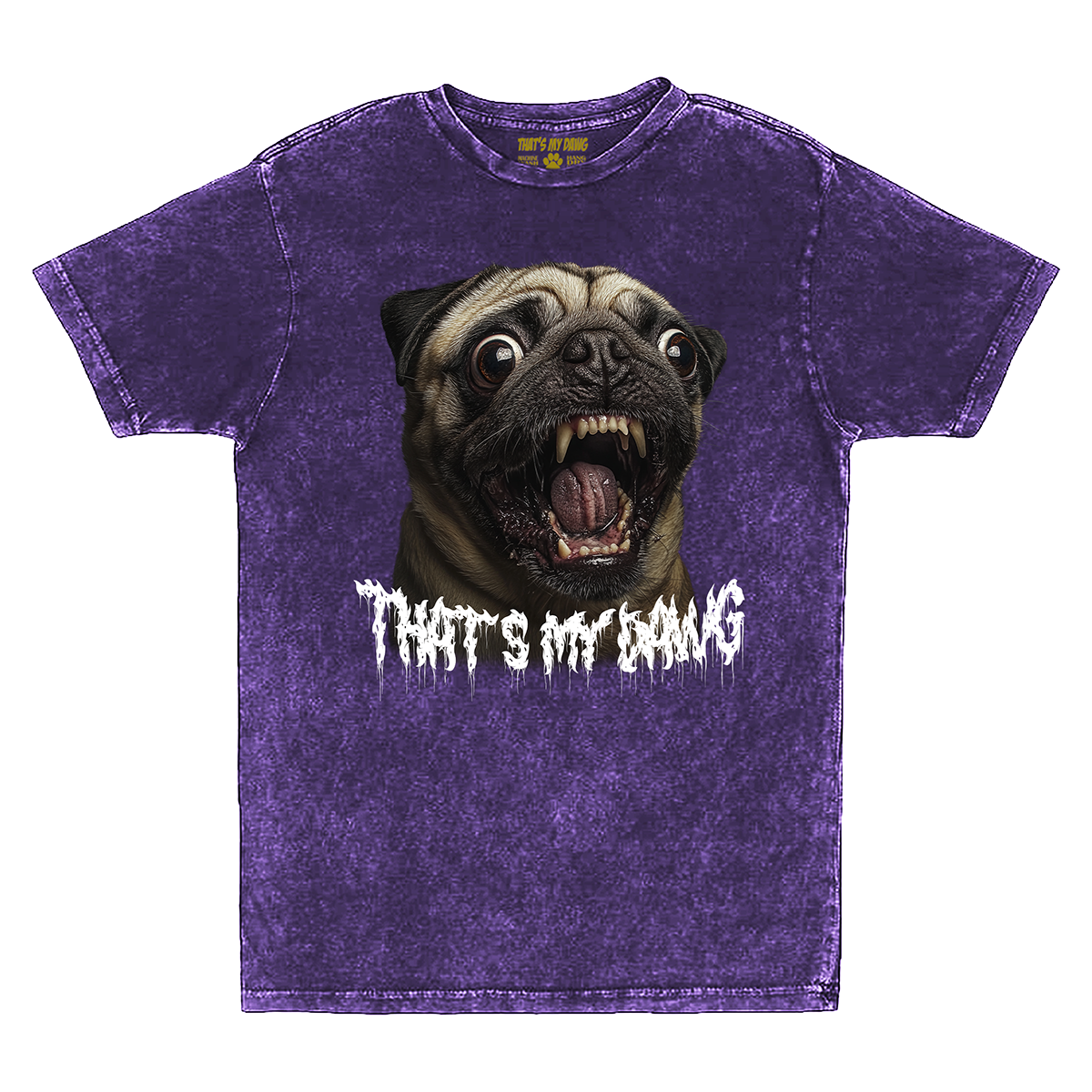a purple shirt with a picture of a pug on it