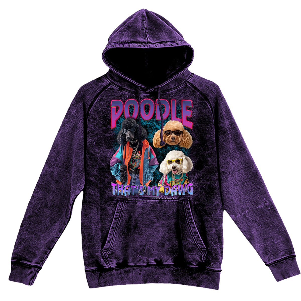 a purple hoodie with a picture of dogs on it