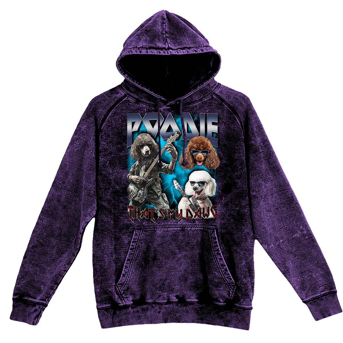 a purple hoodie with a picture of dogs on it