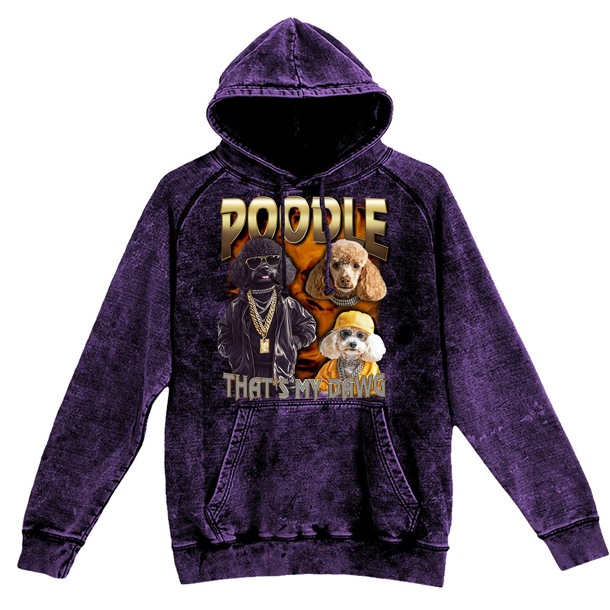 a purple hoodie with a picture of two dogs on it