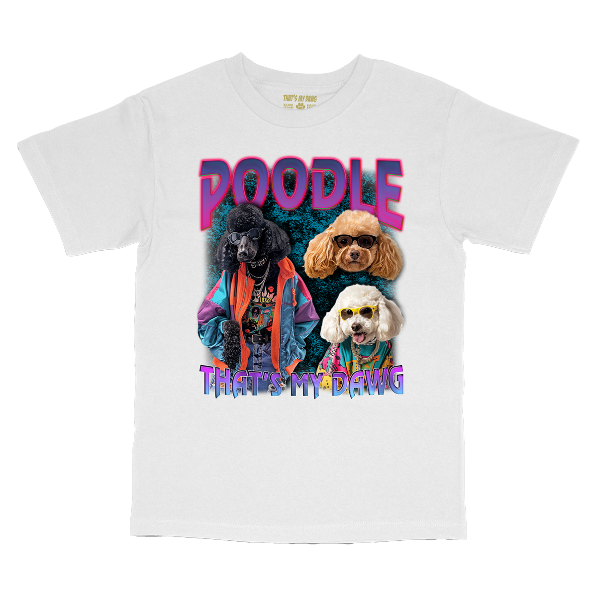 a white t - shirt with a picture of two poodles