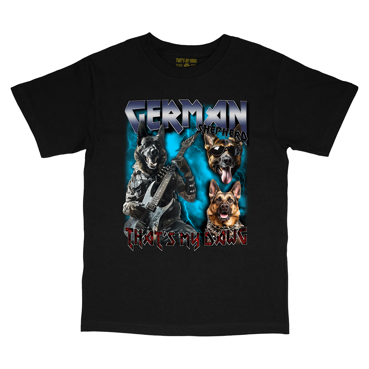 a black t - shirt with three dogs on it