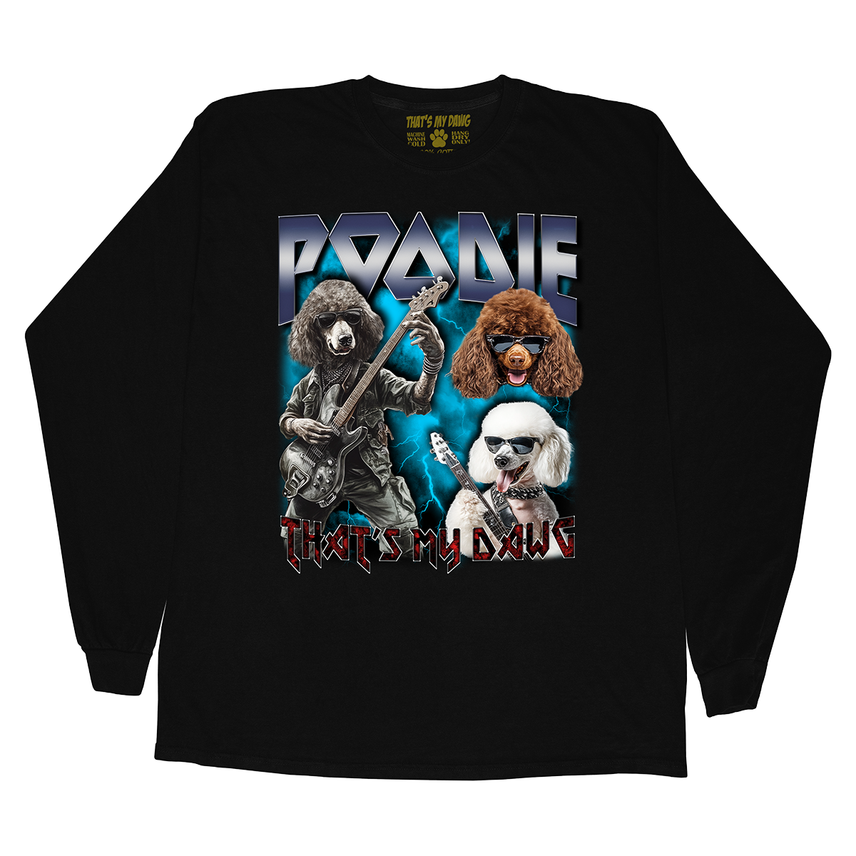 a black long sleeve shirt with poodles on it