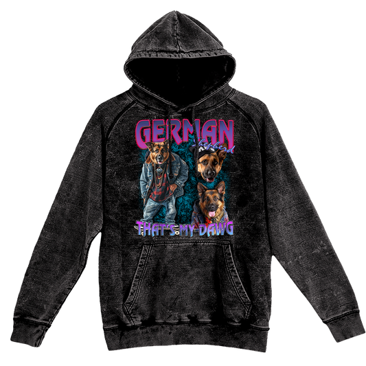 a black hoodie with a picture of two dogs on it