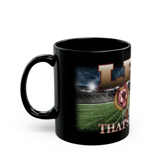 a black coffee mug with a picture of a football field