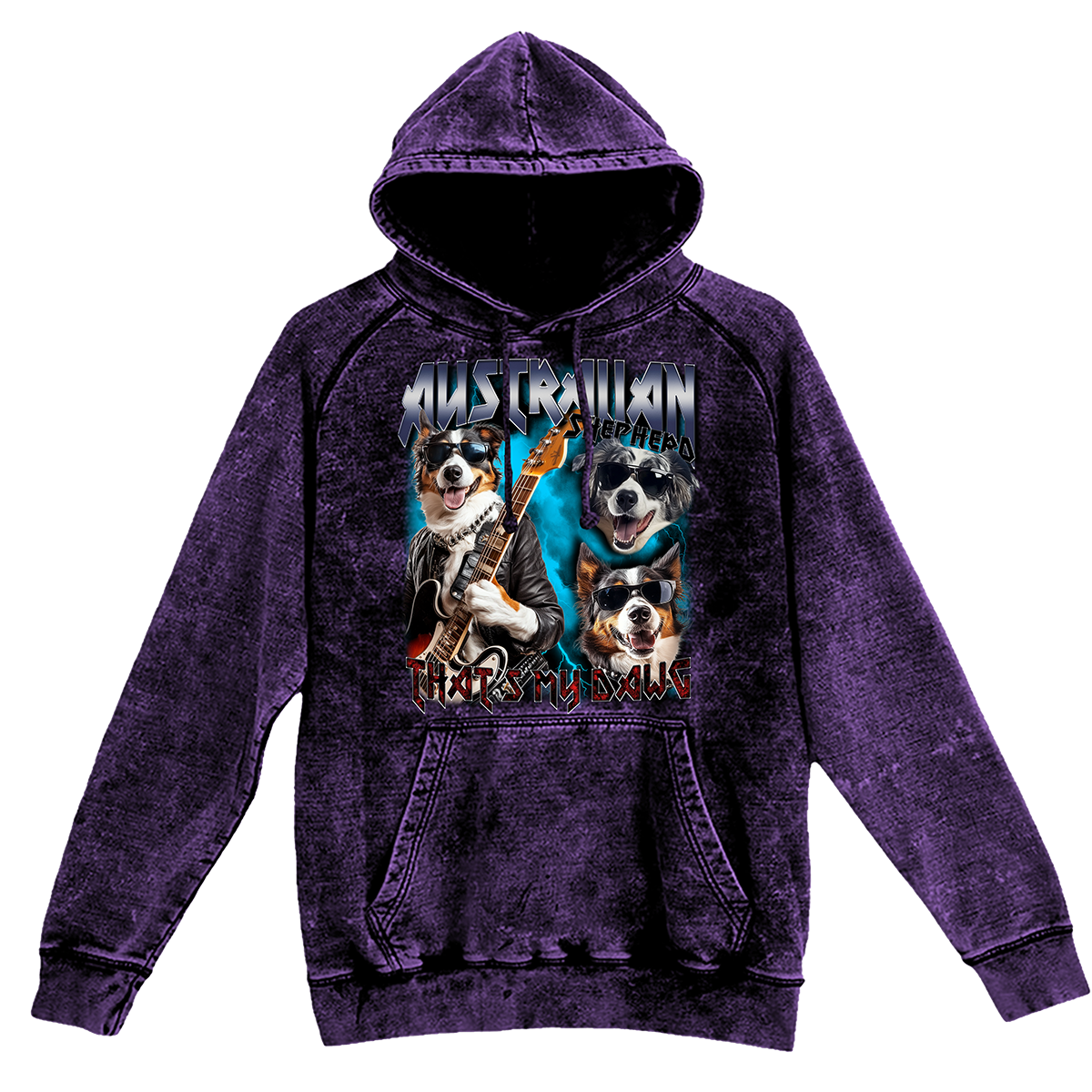 a purple hoodie with a picture of three dogs on it