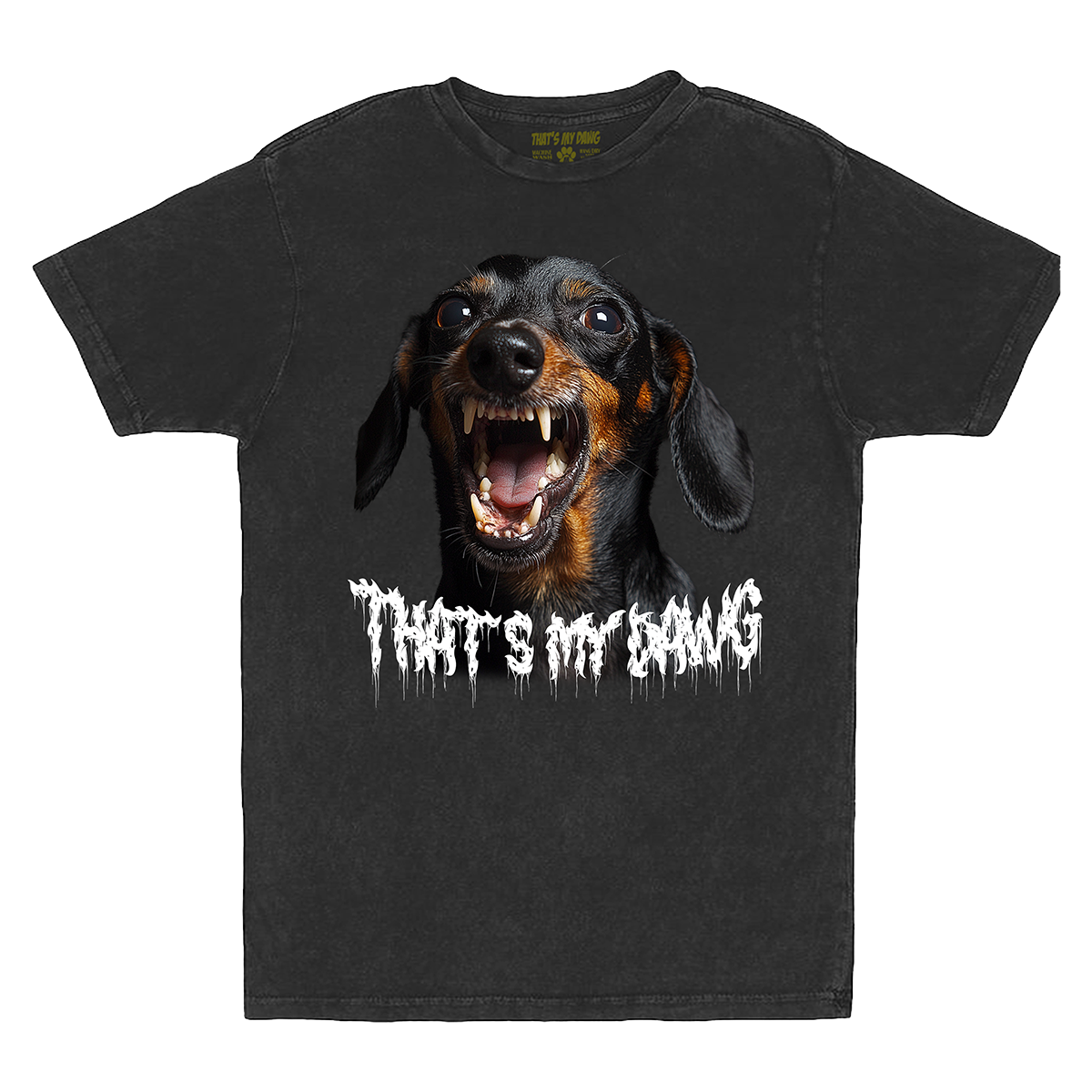 a black t - shirt with a picture of a dog that says that's