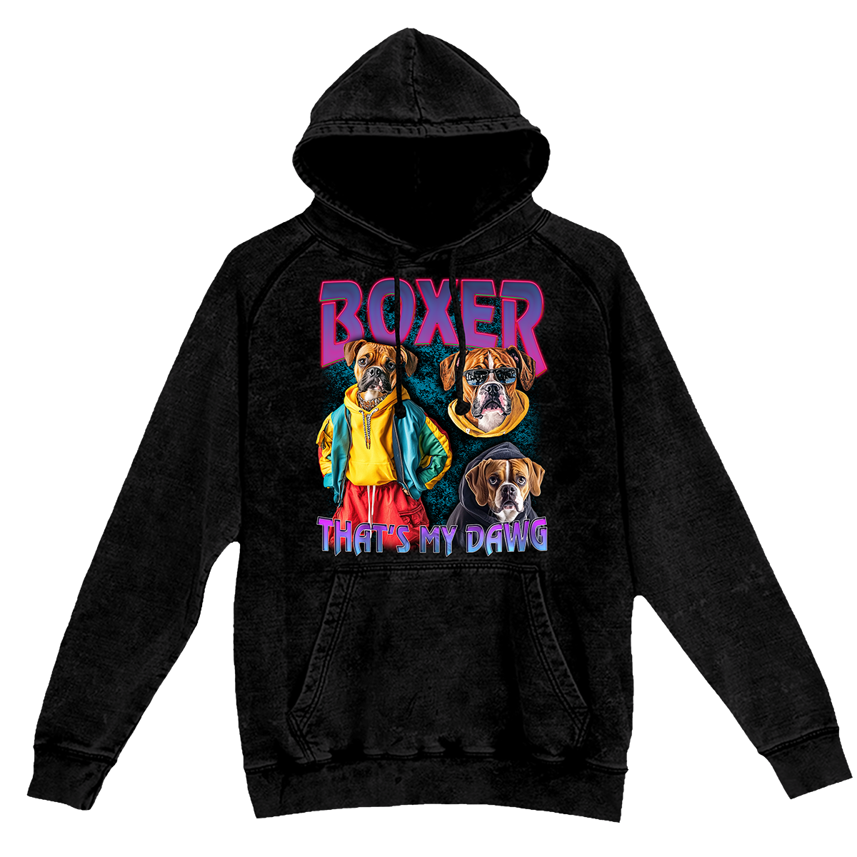 a black hoodie with a picture of boxer dogs on it