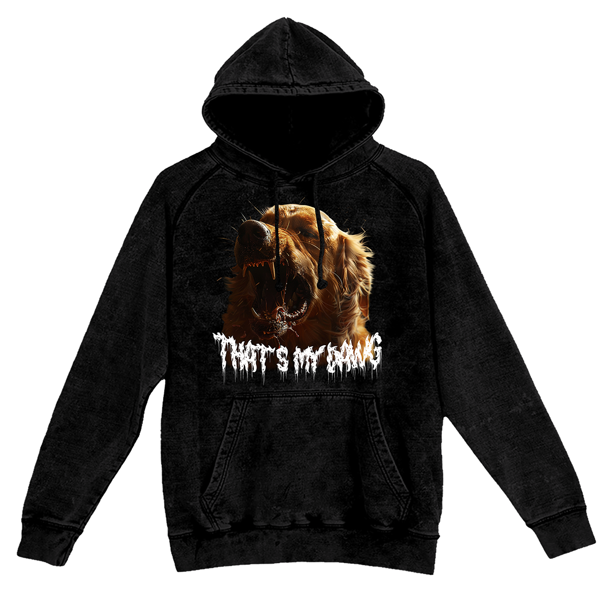 a black hoodie with a picture of a dog on it