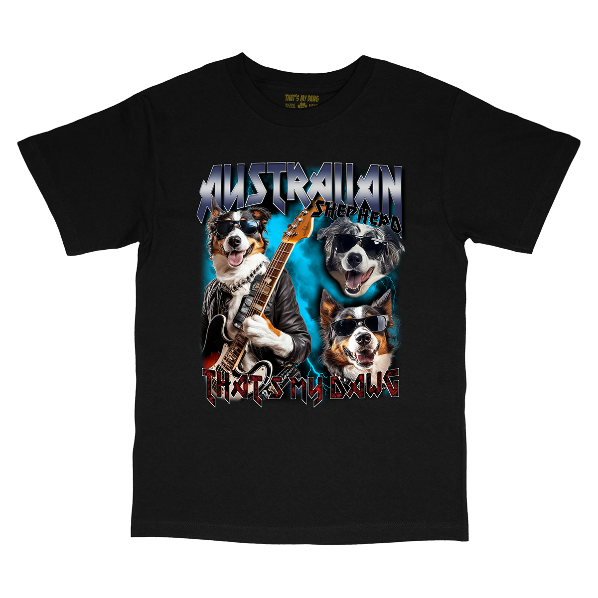 a black t - shirt with a picture of dogs playing guitars