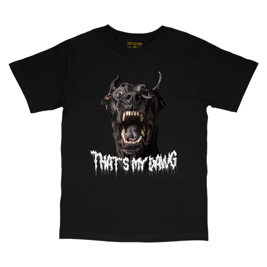 a black t - shirt with an image of a dog's head