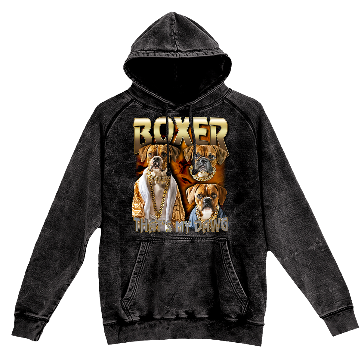 a black hoodie with a picture of two dogs on it