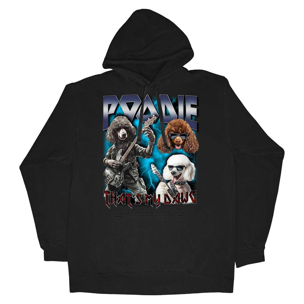 a black hoodie with a picture of a group of people on it