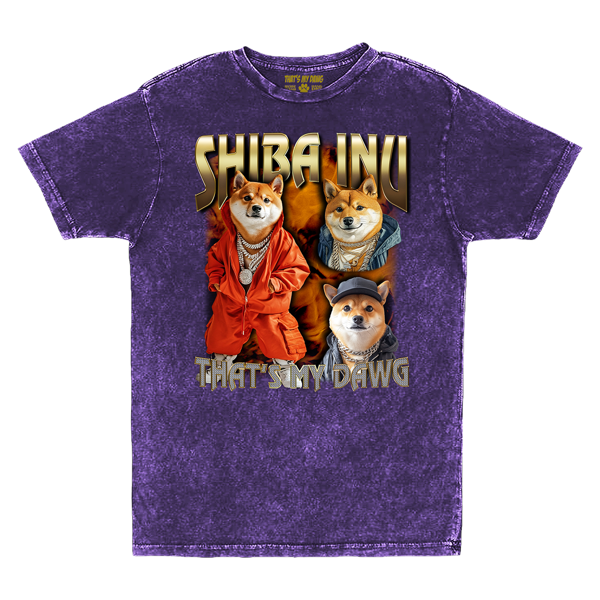 a purple t - shirt with a picture of three cats on it