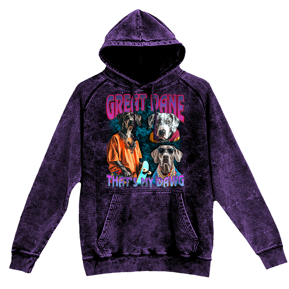 a purple hoodie with two dogs on it