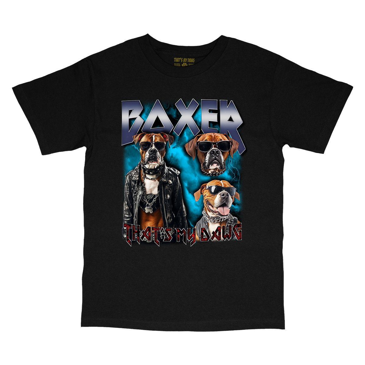 a black shirt with two dogs wearing leather jackets