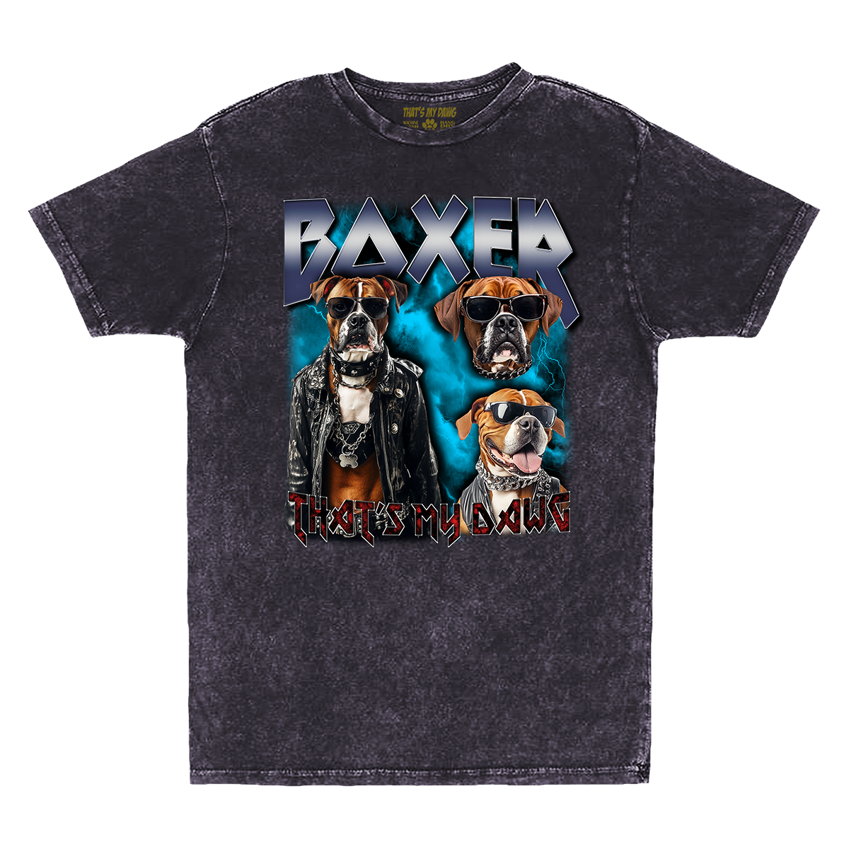 a black shirt with two dogs wearing leather jackets